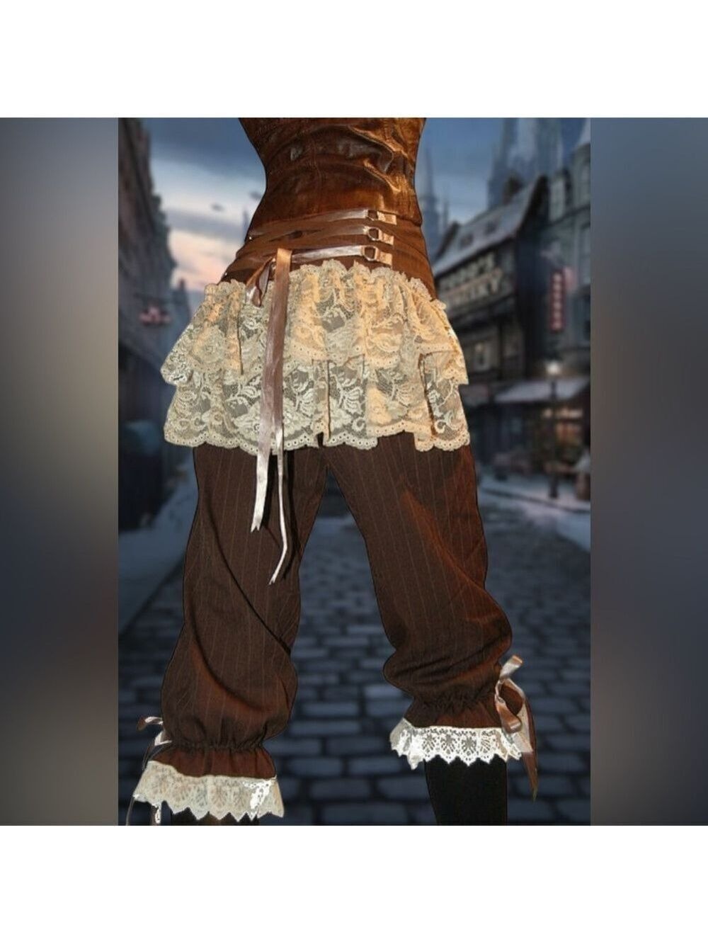 Brown Pin Stripe Lace Trim Corset Ribbon Steampunk Pants - Picture 3 of 16
